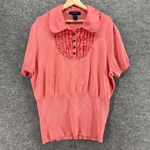Ashley Stewart Blouse Women 22/24 Plus Pink Collared 1/2 Button Short Sleeve